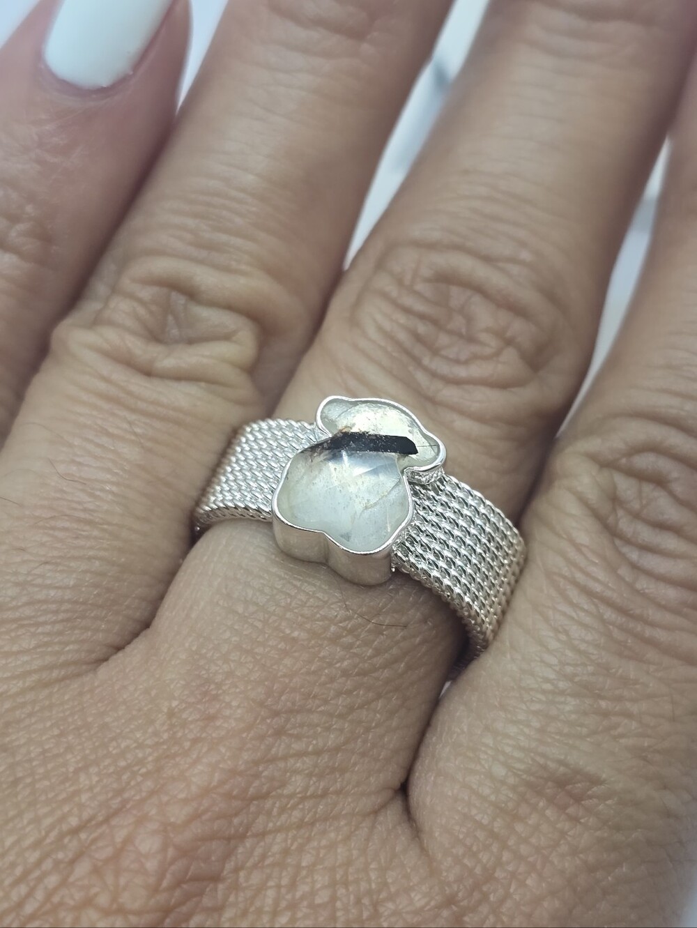 Tous Silver Mesh Color Ring with Tourmalinated and Quarz Bear Size 7.5.
